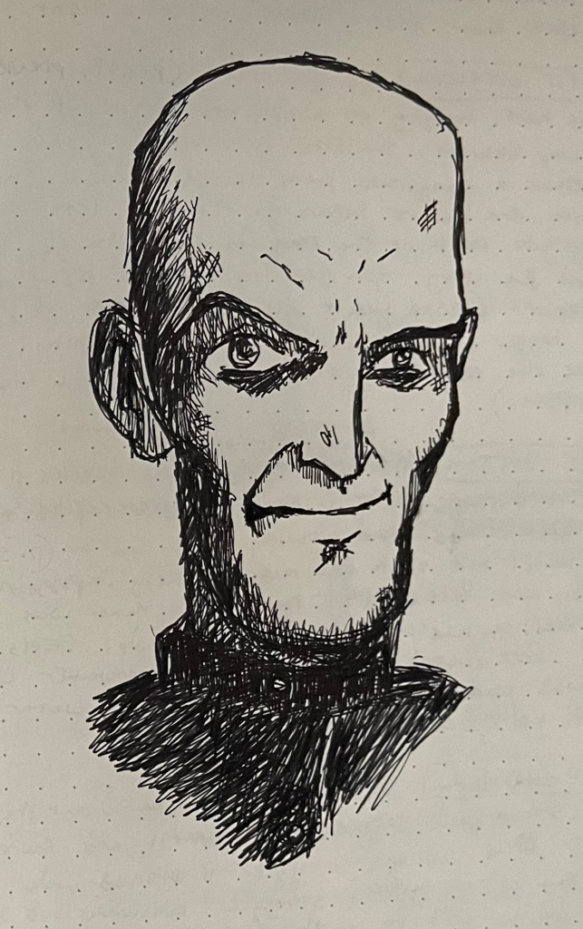 Drawing of a smirking, skinny, bald guy
